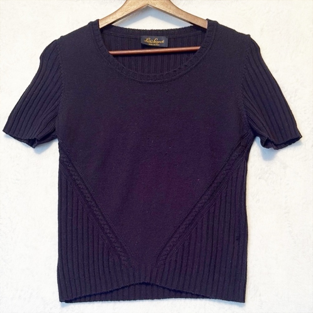 Luisa Spagnoli Navy Ribbed Fitted‎ Knit Short Sleeve Sweater